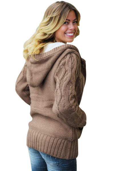 Stylish Women's Brown Fur Hooded Cardigan with Horn Buttons - Cozy, Warm Layer for Fall and Winter Fashion