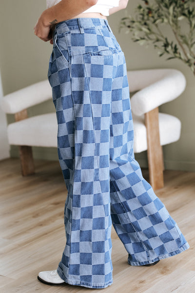 Dusk Blue Checkered Wide Leg Denim Jeans for Women - Stylish, Comfortable Fit for Casual and Chic Looks