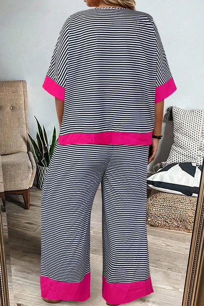 Plus Size Women's Black and White Stripe Color Block Top with Bracelet Sleeves & Comfortable Drawstring Pants Set