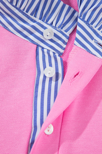 Trendy Women's Pink Striped Mini Dress with Puff Sleeves, Ruffle Hem & Contrast Collar Perfect for Summer Events