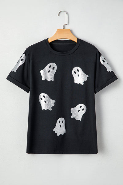 Women's Black Glitter Ghost Pattern Crew Neck Halloween T-Shirt - Fun & Festive Casual Wear for Spooky Season