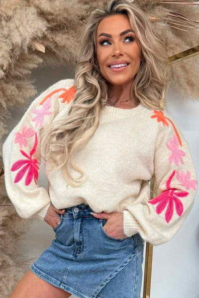 Cozy Women's Beige Floral Embroidered Sweater - Loose Fit Round Neck Knit for Effortless Fall Style and Comfort