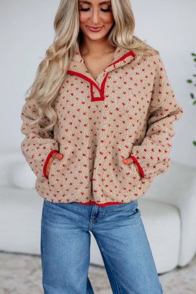 chic women's khaki sherpa pullover sweatshirt with contrast trim and dotty print cozy and trendy layering essential with practical styling and