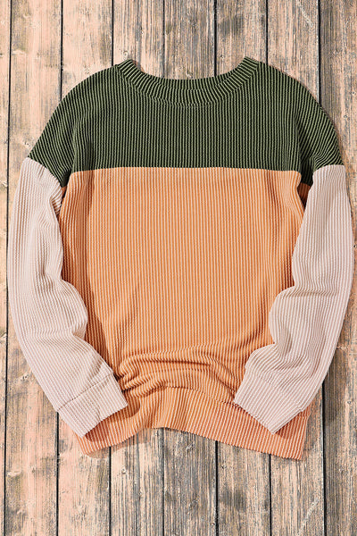 Stylish Women's Green Color Block Ribbed Long Sleeve Top - Relaxed Fit for Comfortable Everyday Casual Wear