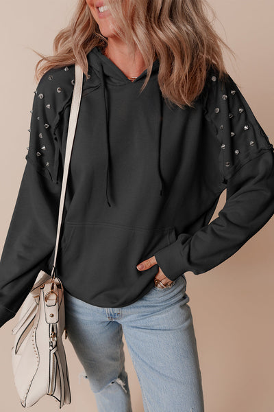 Chic Women's Black Raglan Hoodie with Pocket - Trendy Rivet-Studded Comfortable Casual Wear for Everyday Style