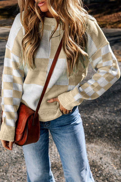 Cozy Women's Flaxen Checkered Drop Shoulder Knit Sweater - Stylish, Soft Fit for Casual Chic Looks