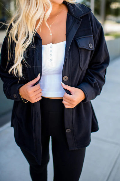 Cozy Chic Women's Black Fleece Shacket with Button Down Closure and Trendy Patchwork Design, Perfect for Fall Fashion