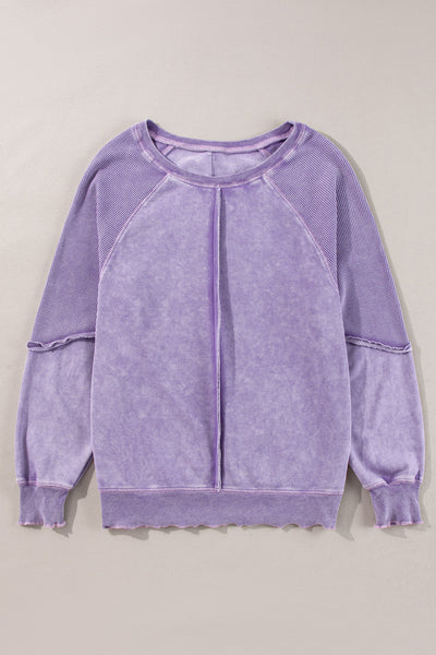 Women's Cozy Orchid Petal Waffle Knit Patchwork Raglan Sweatshirt - Casual Chic Top for Effortless Everyday Style