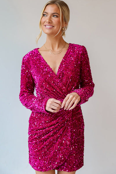 Women's Chic Pitaya Pink Velvet Sequin Long Sleeve V-Neck Mini Dress for Women Elegant Party Wear with Wrap Design made for easy styling and wardrobe