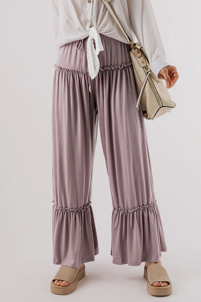 Women's Mauve Tiered Frill Wide-Leg Pants with Drawstring