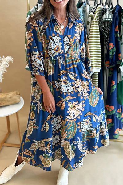 Chic Women's Blue Floral Paisley Midi Dress with Shirt Collar & 3/4 Sleeves Perfect for Stylish Summer Outings