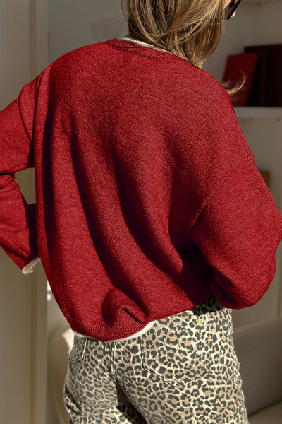 Chic Women's Racing Red Leopard Print Sweater with Bow Detail, Split Cuffs, and Stylish Contrast Trim for Trendy Outfits