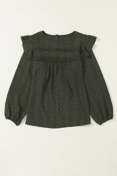 Elegant Women's Blackish Green Lace Blouse with Ruffle Sleeves - Chic Long Sleeve Top for Stylish Casual Outfits