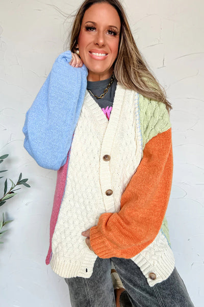 Cozy Chic Women's Beige Cable Knit Color Block Sweater with V-Neck, Drop Shoulders, and Puff Sleeves