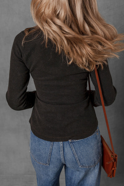 Women's Casual Black Mineral Wash Long Sleeve Henley Top with Waffle Knit and Pocket Perfect for Everyday Wear