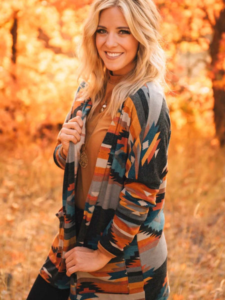 Orange Tribal Aztec Print Western Cardigan