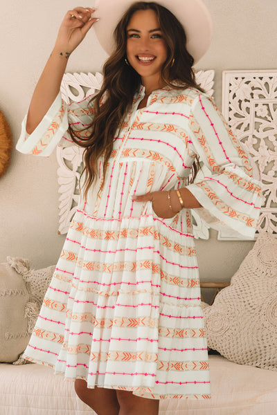 Bohemian Summer Orange Printed Ruffled Dress for Women with Bracelet Sleeves and Slit Neck - Relaxed Fit & Stylish