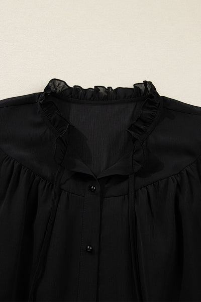 Chic Plus Size Women's Black Chiffon Top with Ruffle Balloon Sleeves Stylish, Comfortable, Perfect for Any Occasion