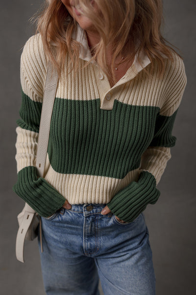 Women's Blackish Green Color Block Ribbed Knit Sweater with Shirt Collar - Slim Fit Stylish Top