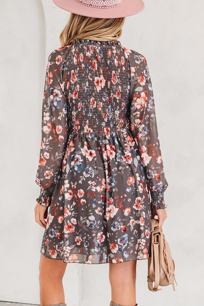 Women's Floral Smocked Bodice Mini Dress with Long Sheer Sleeves