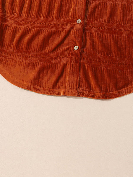 Women's Velvet Orange Lantern Sleeve Button Up Shirt
