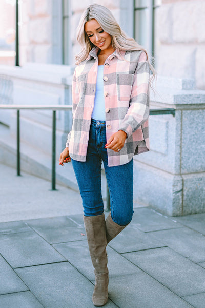 Women's Versatile Pink and Gray Plaid Color Block Long Sleeve Jacket with Pockets - Stylish Outerwear for Every Occasion