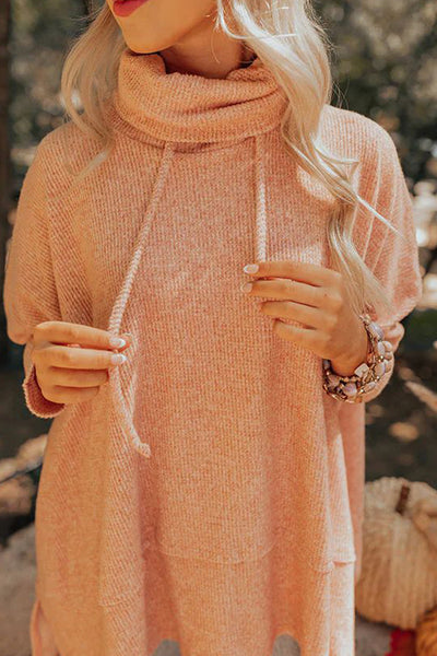 Stylish Apricot Pink Oversized Cowl Neck Knit Top for Women with Side Slits and Cozy Drawstring Detail