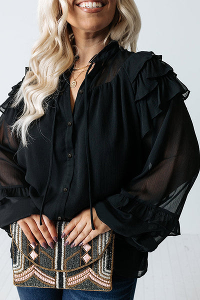 Chic Plus Size Women's Black Chiffon Top with Ruffle Balloon Sleeves Stylish, Comfortable, Perfect for Any Occasion