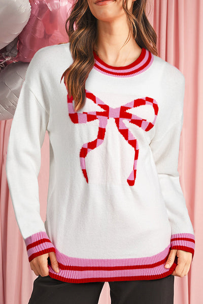 Women's Intarsia Bow Graphic Knit Sweater in White and Crimson