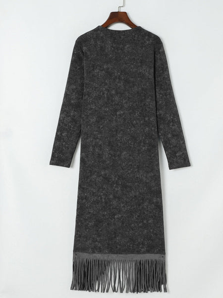 Women's Chic Black Fringed Hem Cardigan with Pockets