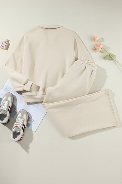 Beige Women's Activewear Set: Stylish Drop Shoulder Zip-Up Jacket & Drawstring Pants for Comfort and Performance
