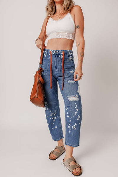 Women's Ashleigh Blue Ripped Cropped Straight Jeans with Splatter Paint and Rope Waist for a Trendy Casual Look