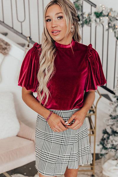 Elegant Women's Red Velvet Blouse with Frilled Puff Sleeves - Stylish and Sophisticated for Any Occasion