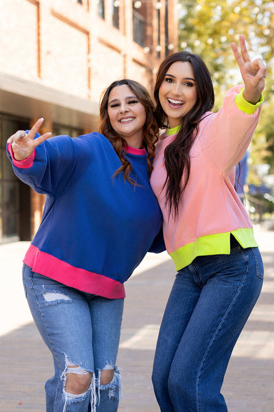 Trendy Women's Pink Colorblock Bubble Sleeve Sweatshirt - Cozy Casual Top for Effortless Everyday Style