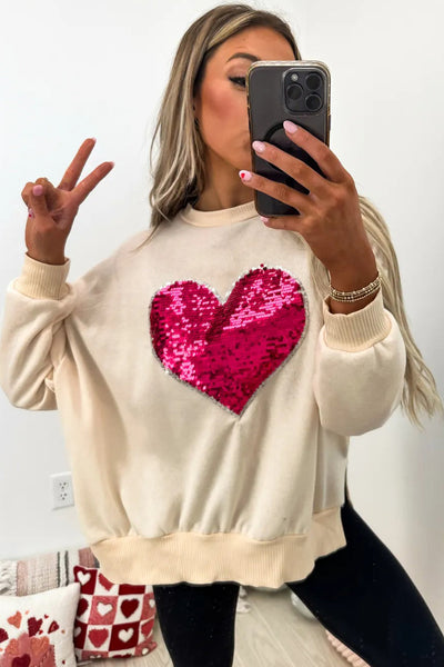 Trendy Women's Beige Ribbed Sweatshirt with Sequin Heart, Side Slit, Perfect for Casual Chic Outfits