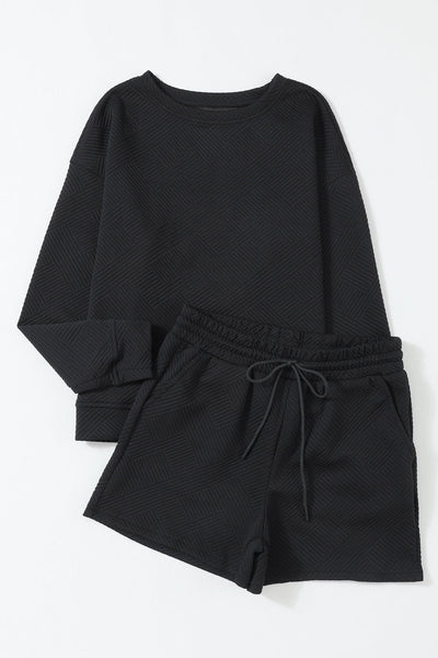 Stylish Women's Black Textured Long Sleeve Top & Comfortable Drawstring Shorts Set - Versatile Summer Outfit