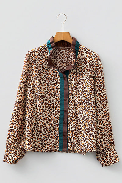 Women's Leopard Print Ruffle Neck Viscose Blouse in Earth Tones
