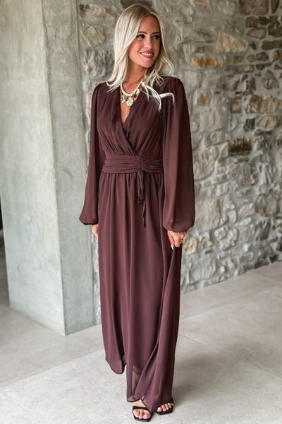 Chic Dark Brown Long Sleeve V-Neck Pleated High Waist Maxi Dress for Women Ideal for Formal and Casual Events