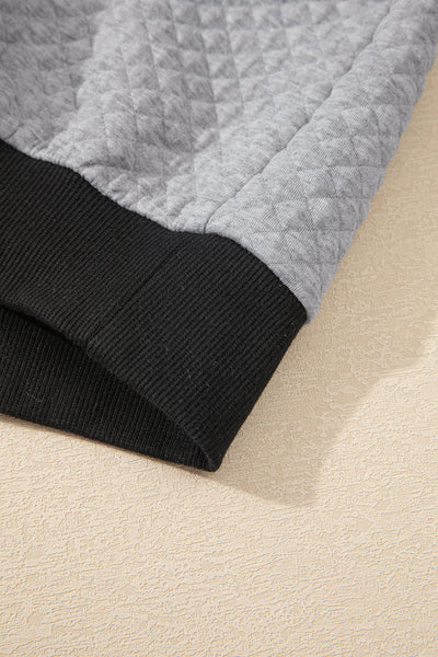 Women's Cozy Light Grey Colorblock Sweatshirt with Textured Fabric and Buttoned Collar for Casual Chic Looks