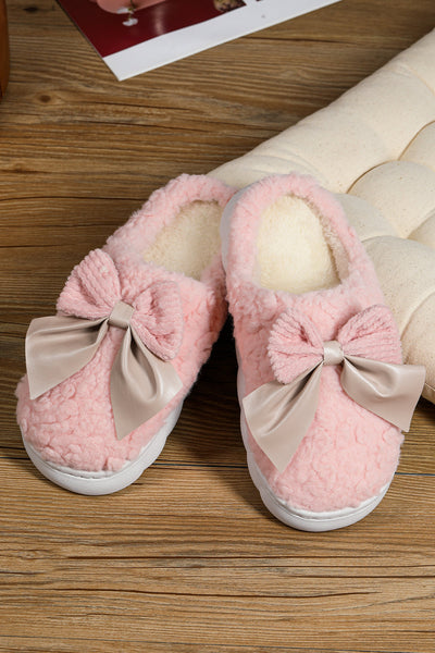 Cozy Pink Plush Winter Slippers for Women with Contrast Bowknot Applique - Stylish and Comfortable Indoor Footwear