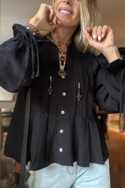 Chic Women's Black Pintuck Blouse with Button Front and Ruffled Sleeves - Relaxed Fit for Effortless Elegance