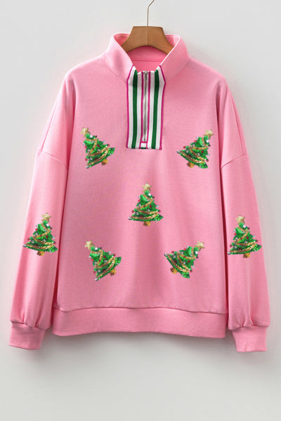 Women's Sachet Pink Sequin Christmas Tree Quarter-Zip Sweatshirt