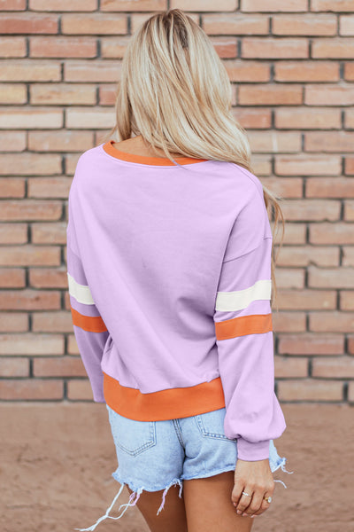 Orchid Bouquet Women's Cozy V-Neck Sweatshirt - Contrast Rib Knit, Drop Shoulder, Effortlessly Chic Patchwork Style