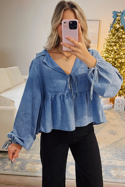 Chic Women's Blue Denim Peplum Top with Flattering Fit for Effortless Casual Style and Everyday Comfort