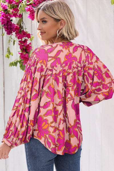 Women's Pink Floral 100% Viscose Batwing Sleeve Button-Up