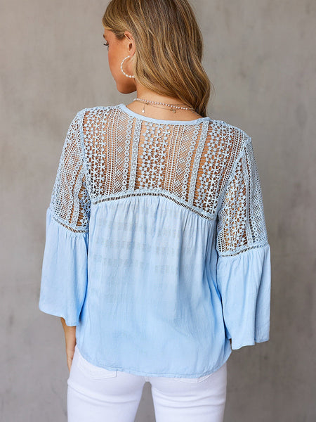 Whimsical Sky Blue Crochet Bell Sleeve Blouse