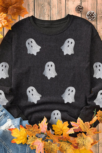 Cozy Women's Black Ghost Print Sweatshirt - Loose Fit for Spooky Halloween Style, Perfect for Fall Comfort
