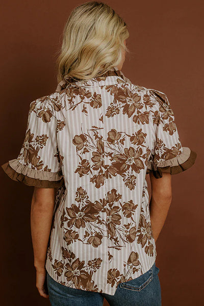 Women's Brown Floral and Striped Frill Blouse with Color Block Trim with practical styling and dependable silhouette control.