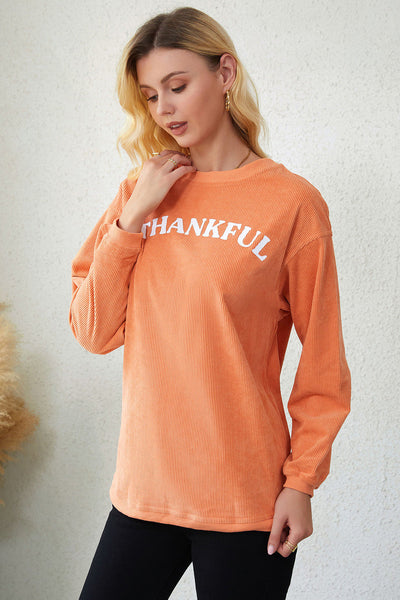 Women's Orange Corded \"Thankful\" Graphic Sweatshirt