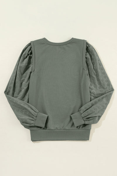 Cozy Women's Grayish Green Patchwork Sweatshirt with Round Neck and Long Sleeves for Casual Style and Comfort